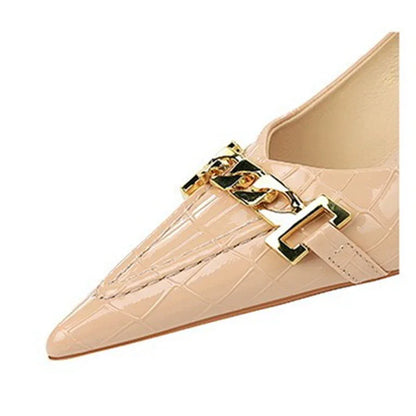 Women 4.5cm High Heels Fashion Apricot Work Pumps Lady Patent Leather Pointed Toe High Heels Female Elegant Metal Chain Shoes