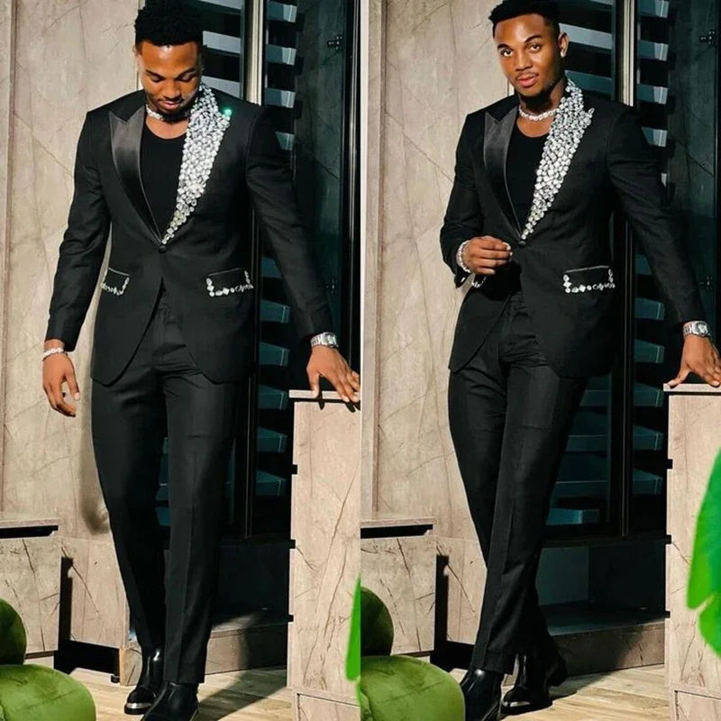 Luxury Gold Crystal 2 Pieces Men's Suits Double Breasted Black Suits Tuxedo Blazer for Wedding Groom Business Dinner Party Suits