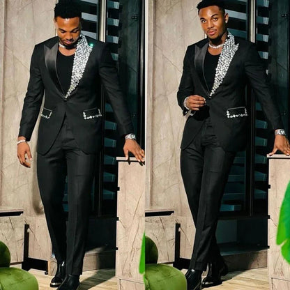 Luxury Gold Crystal 2 Pieces Men's Suits Double Breasted Black Suits Tuxedo Blazer for Wedding Groom Business Dinner Party Suits