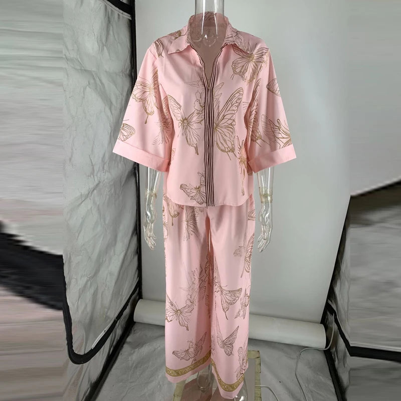 Casual Long Sleeve Pocket Loose 2Pc Sets Lapel Zipper Shirt & Wide Leg Pants Suit Women Fashion Butterfly Print Matching Outfits