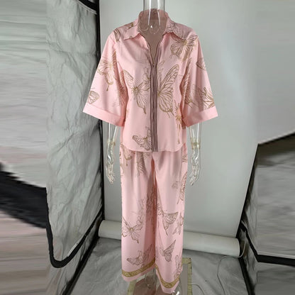 Casual Long Sleeve Pocket Loose 2Pc Sets Lapel Zipper Shirt & Wide Leg Pants Suit Women Fashion Butterfly Print Matching Outfits