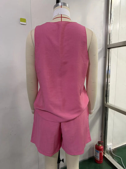Cotton Linen Summer Women's Suit Elegant 3-piece Sets for Women Sexy V-neck Sleeveless Vest & Short Pant & Cardigan Home Clothes
