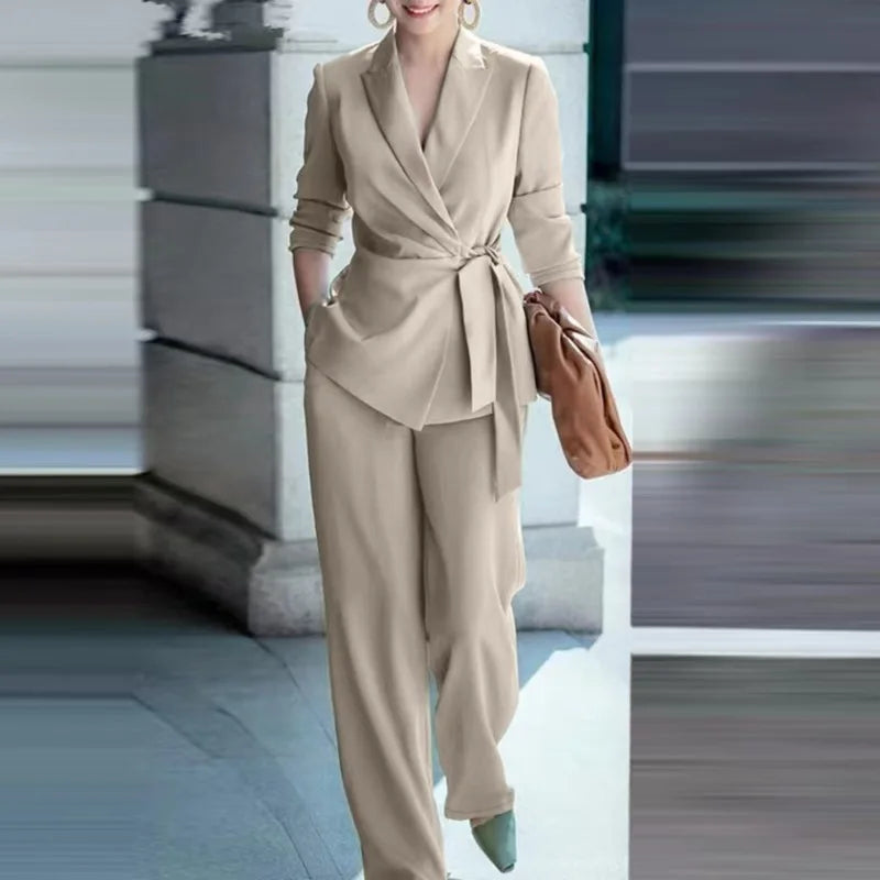 Casual Fashionable Trousers Suit Spring Autumn Solid Color Commuter Style Lapel Long-sleeved Top Wide-leg Trousers Two-piece Set
