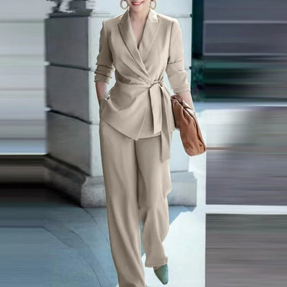 Casual Fashionable Trousers Suit Spring Autumn Solid Color Commuter Style Lapel Long-sleeved Top Wide-leg Trousers Two-piece Set