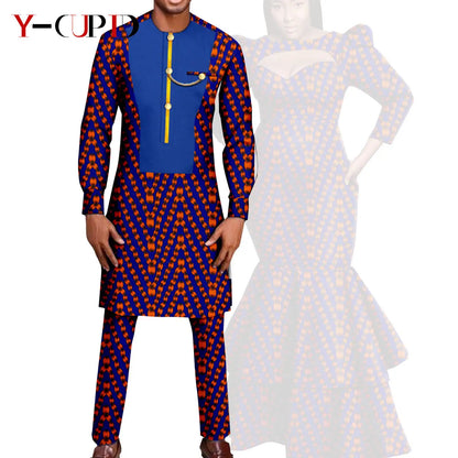African Print Long Dresses for Women Matching Men Outfit Dashiki Top and Pant Sets Couples Clothes Kaftan Party Outwear Y23C054