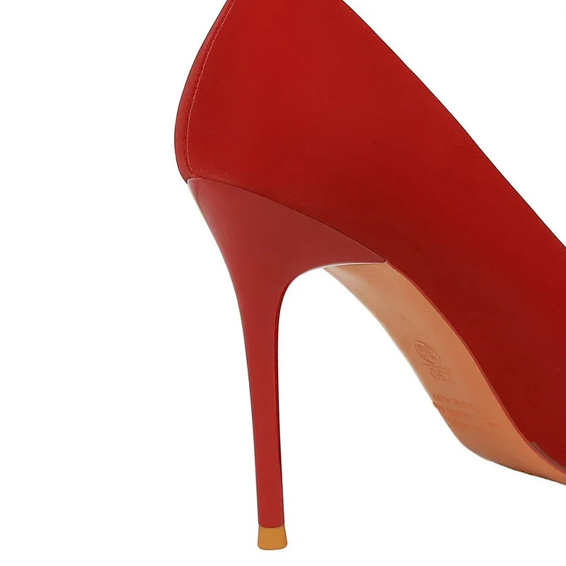 BIGTREE Fashion Korean Version 10cm High Heels Pumps Silk Shallow Pointed Toe Crystal Butterfly BowKnots Lady Red Purple Shoes