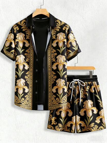 2026 summer new lapel short-sleeved shirt suit Baroque gold 3D printed shirt Hawaiian casual social party men's clothing