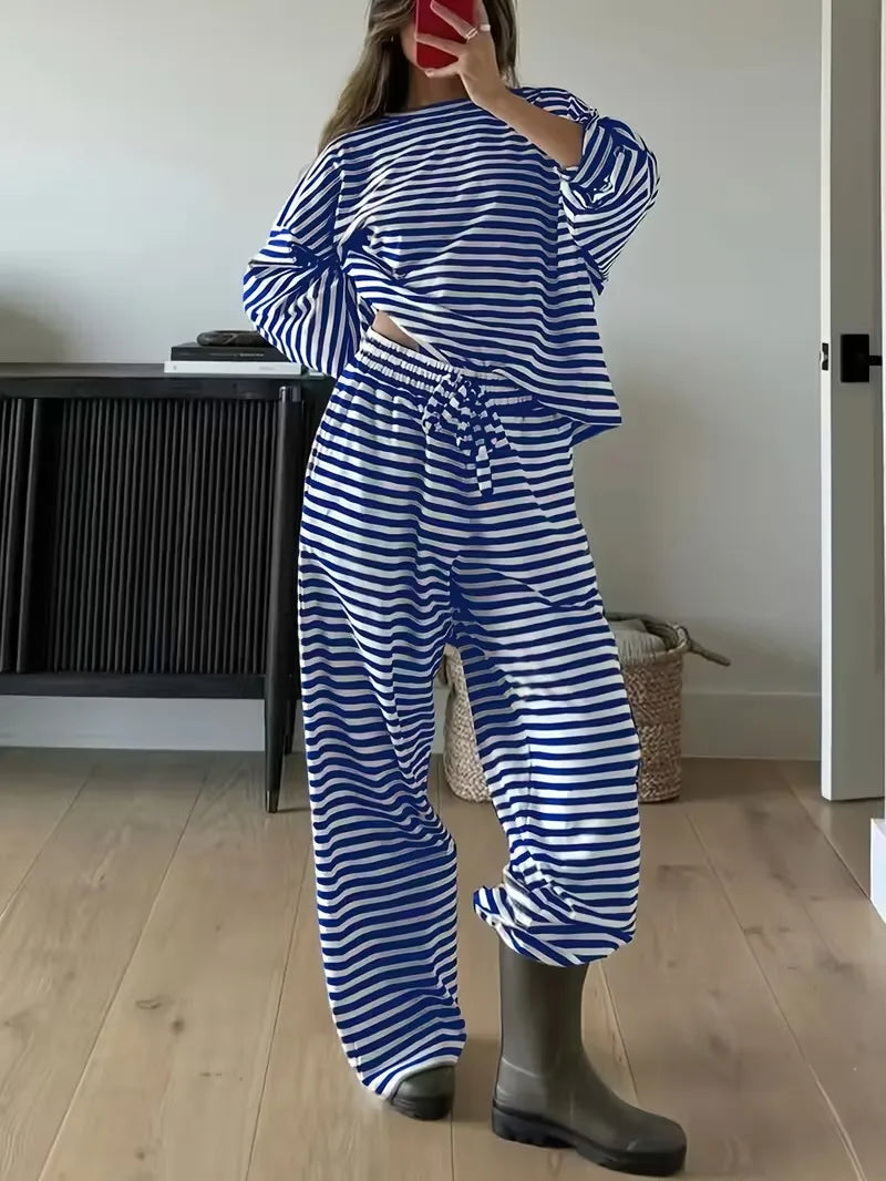 New Simple Striped Suit Simple  Loose Comfortable Lazy Style Long-sleeved Round Neck Pullover Top Lace-up Trousers Two-piece Set