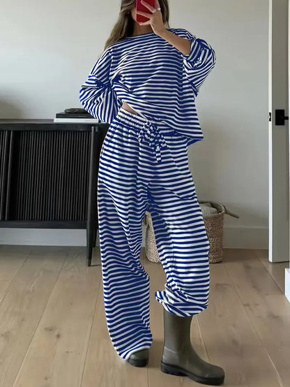 New Simple Striped Suit Simple  Loose Comfortable Lazy Style Long-sleeved Round Neck Pullover Top Lace-up Trousers Two-piece Set