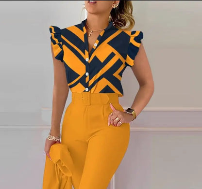 Women's Sleeveless V Neck Top Leopard Paisley Print Blouse Button Front Ruffle Shoulder Shirt For Casual Office Daily Wear