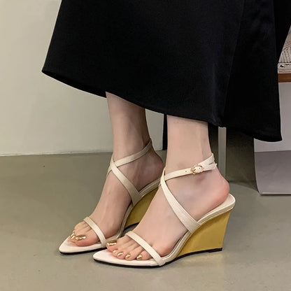 Wedges Sandals High Heels Shoes For Women New In Summer Spring Ankle Strap Luxury Thick Soled Shoes Party Ladies Heeled Sandals