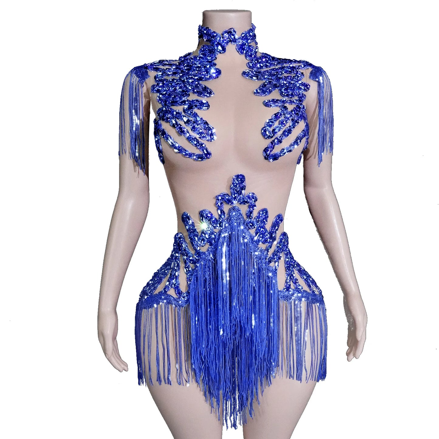 Sexy Mesh Sheer Black Rhinestone Tassel Bodysuit Women Singer Dancer Stage Show Outfit Nightclub Leotard Party Performance Wear