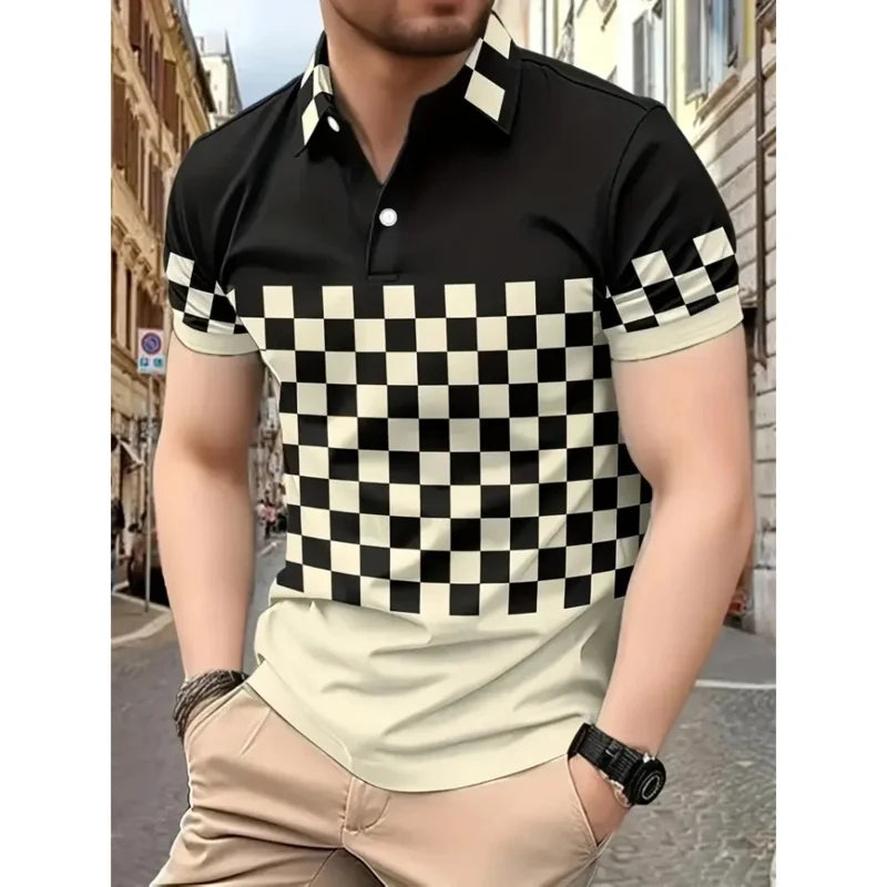 Men's simple checkered polo 3d printed button polo summer short-sleeved top daily street men's wear