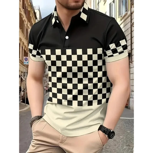 Men's simple checkered polo 3d printed button polo summer short-sleeved top daily street men's wear