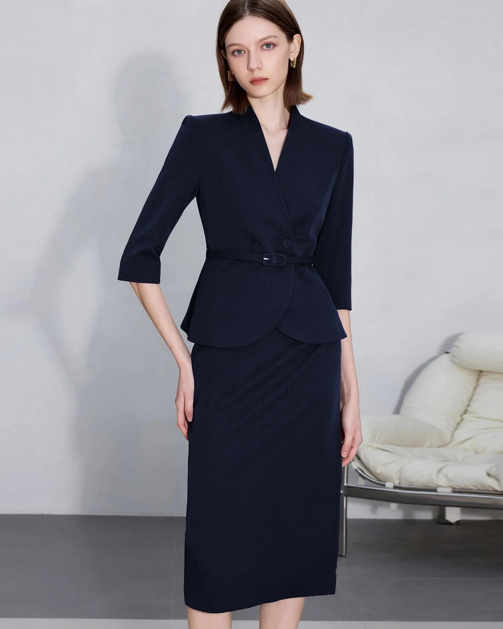 Two-Piece Suit For Women, Navy Blue Luxury Fashion Workplace Two-Piece Skirt Set, Minimalist Elegant Three-Quarter Sleeve Design