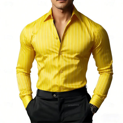 Men's Striped Long-Sleeved Shirt, Business Casual, Versatile, with Lapel Collar and Button Design, Available in 19 Colors.