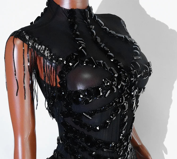 Sexy Mesh Sheer Black Rhinestone Tassel Bodysuit Women Singer Dancer Stage Show Outfit Nightclub Leotard Party Performance Wear