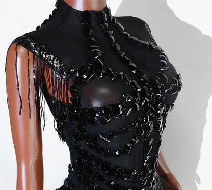 Sexy Mesh Sheer Black Rhinestone Tassel Bodysuit Women Singer Dancer Stage Show Outfit Nightclub Leotard Party Performance Wear