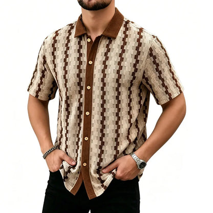 Summer Men's Knit Short Sleeve Shirt, Vintage Plaid Pattern Casual Button Up Top, Breathable Textured Fabric for Daily Vacation