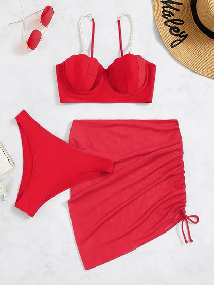 2025 New Sexy Three-piece Bikini Women Solid Drawstring Skirt Swimsuit Sling Backless Swimwear Tight Gathered Beach Bathing Suit