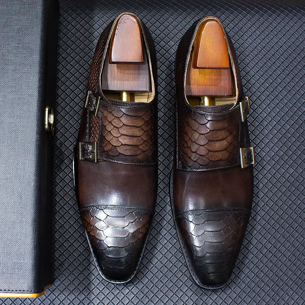 Luxury Double Buckle Monk Strap Men's Dress Shoes Genuine Leather Classic Crocodile Pattern Formal Business Office Footwear