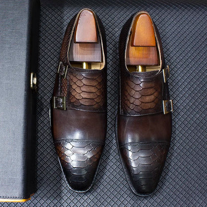 Luxury Double Buckle Monk Strap Men's Dress Shoes Genuine Leather Classic Crocodile Pattern Formal Business Office Footwear