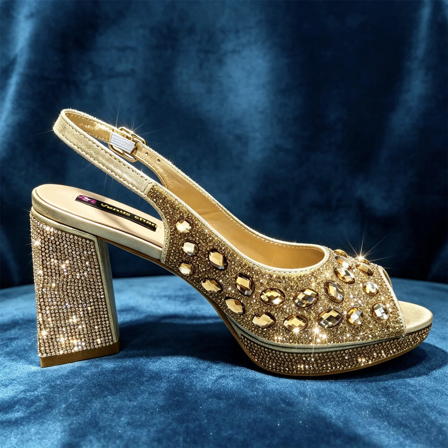 Venus Chan Elegant Gold Striped Peep Toe High Heels and Matching Bag Set – Rhinestone Decor for Parties and Weddings
