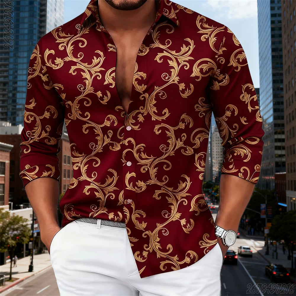 16 Colors Men's Luxury Baroque Gold Pattern Long-Sleeved Shirt Fashionable Retro Print Comfortable Non-Iron Large Size Top