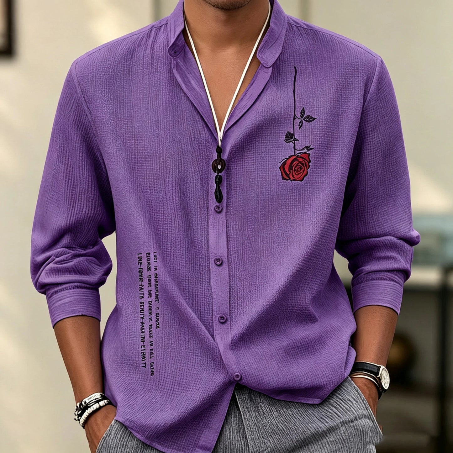 Men's stand-up collar three-quarter sleeve shirt, short print breathable shirt, loose-fitting cardigan for summer vacation.