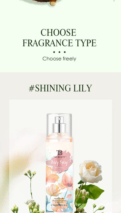 The fragrance spray has a long-lasting, faint floral scent with a fruity note. It is a fragrance body spray without alcohol.