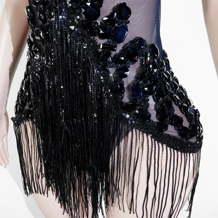 Sexy Mesh Sheer Black Rhinestone Tassel Bodysuit Women Singer Dancer Stage Show Outfit Nightclub Leotard Party Performance Wear