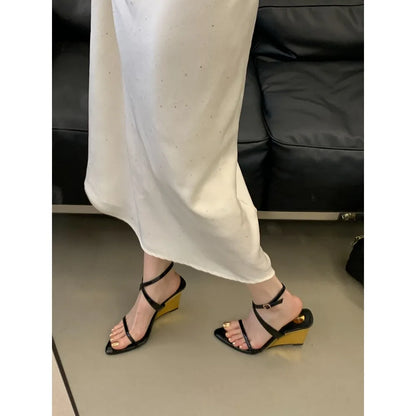 Street Style Design Wedges Heels Women Sandals Buckle Strap Pointed Toe Banquet Shoes Summer Ladies Pumps