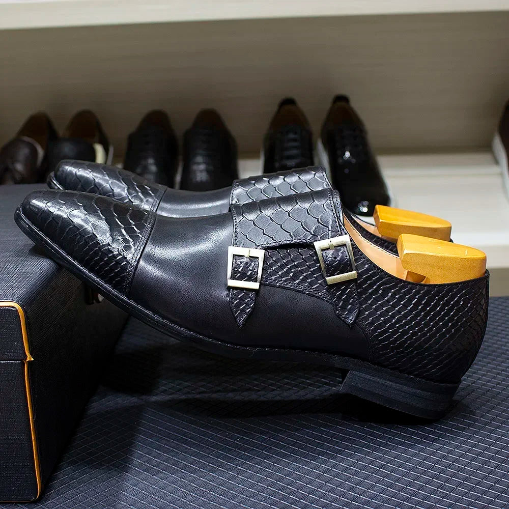 Luxury Double Buckle Monk Strap Men's Dress Shoes Genuine Leather Classic Crocodile Pattern Formal Business Office Footwear