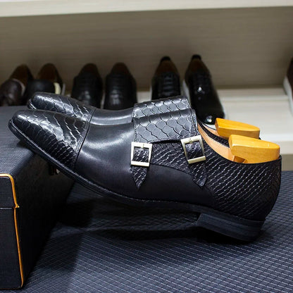 Luxury Double Buckle Monk Strap Men's Dress Shoes Genuine Leather Classic Crocodile Pattern Formal Business Office Footwear