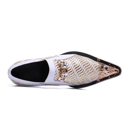 Italian Style Gentleman Dress Shoes Men black Metal Pointed Toe Snake Grain Genuine Leather Shoes Business Party Shoes Men Flat