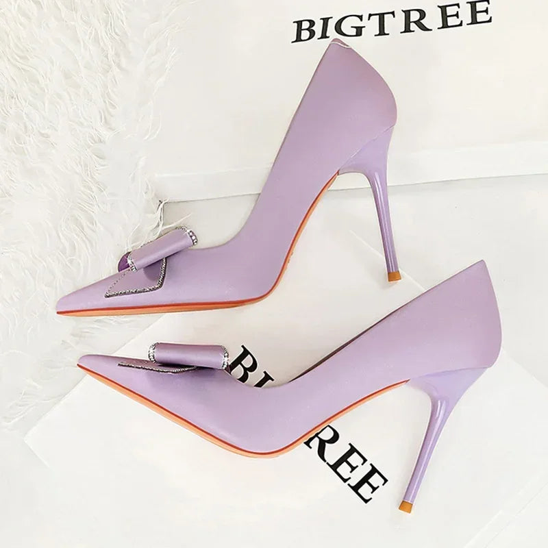 BIGTREE Fashion Korean Version 10cm High Heels Pumps Silk Shallow Pointed Toe Crystal Butterfly BowKnots Lady Red Purple Shoes