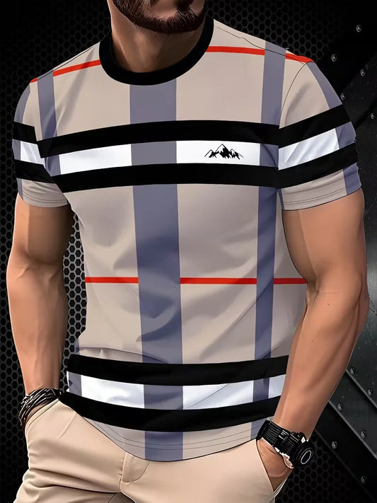 Men’s Summer Plaid Striped T-Shirt – Beige & Gray Color Block, Slim Fit Casual Crew Neck Tee for Daily Wear