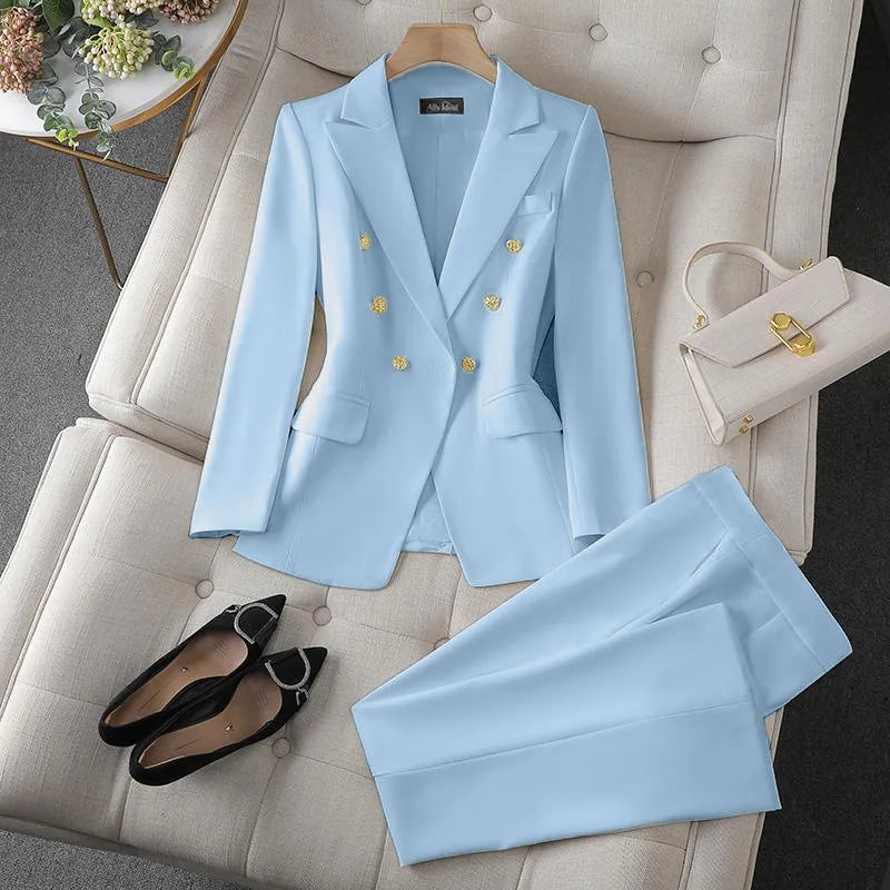 Korean Fashion 2 Piece Set Turn Down Collar Blazers Long Sleeve Slim Fit Pants Women Suits Office Lady Wear Pants Sets for Women