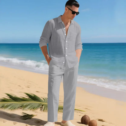 The 2026 Summer Men's linen short-sleeved shirt set is a two-piece long pants set suitable fordaily casual beach vacations 2Pcs