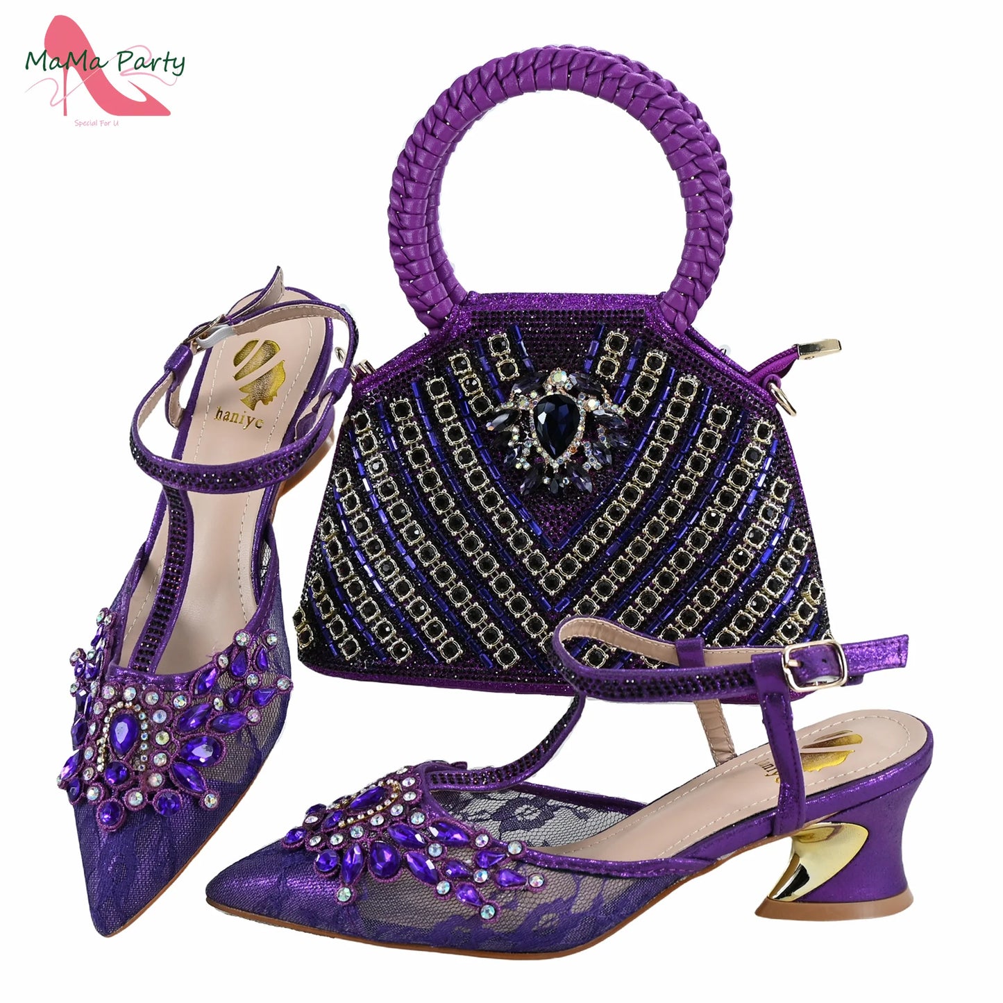 Purple Color New Arrivals Italian Design Nigerian Women Shoes and Bag Set Pointed Toe Slipper with Shinning Crystal for Party
