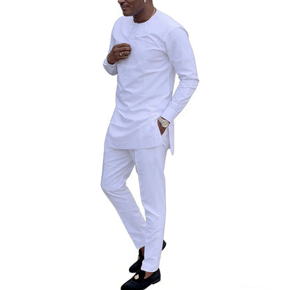 Men's Sets Solid White Long Sleeve Tops & Trousers Original Design Pant Suits Tailored African Couture Party Wear