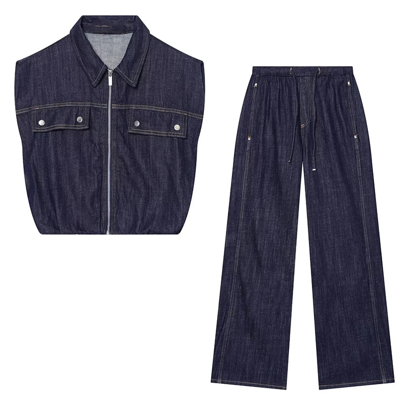 TFMLN Fashion Ladies High Street Denim Trouser Set Lapel Sleeveless Vest Zipper Coat Elastic Waist Wide Leg Pants Chic Sets