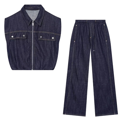 TFMLN Fashion Ladies High Street Denim Trouser Set Lapel Sleeveless Vest Zipper Coat Elastic Waist Wide Leg Pants Chic Sets