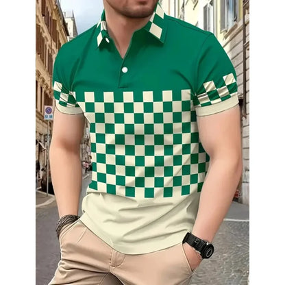 Men's simple checkered polo 3d printed button polo summer short-sleeved top daily street men's wear