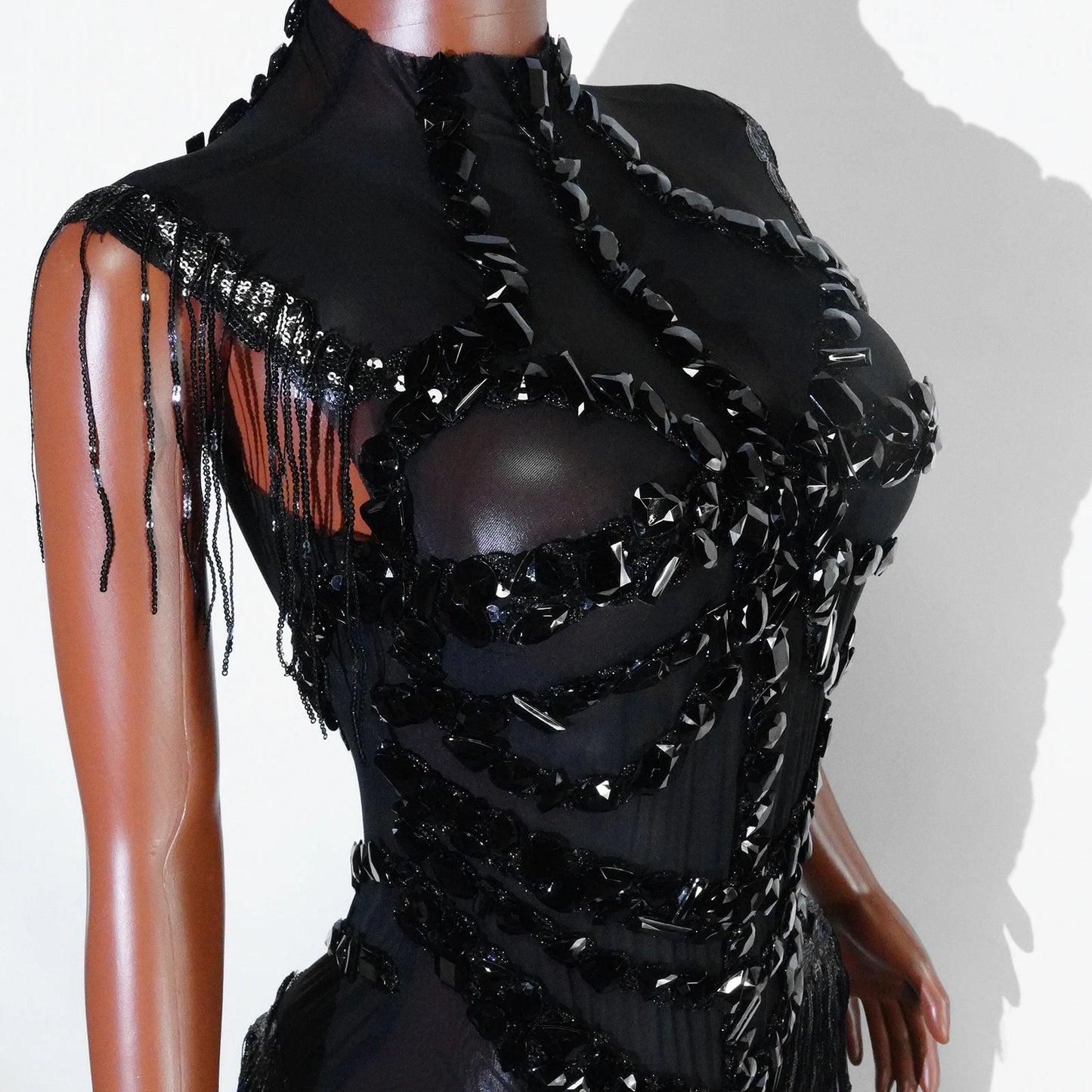 Sexy Mesh Sheer Black Rhinestone Tassel Bodysuit Women Singer Dancer Stage Show Outfit Nightclub Leotard Party Performance Wear