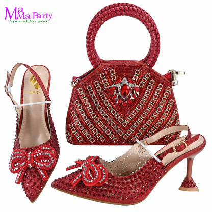 Gold Color New Arrivals Italian Design Nigerian Women Shoes and Bag Set Pointed Toe Slipper with Shinning Crystal for Party
