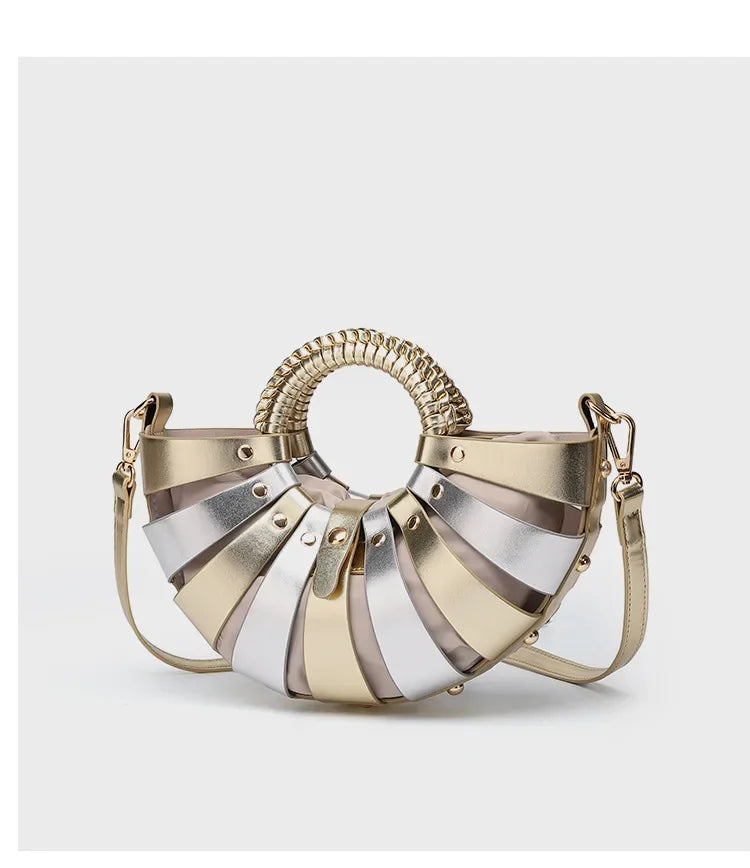 New Women's Fashionable Ring Design Crossbody Bag Hollowed Out Inner Bag Shell Bag Vegetable Basket Handbag Retro Woven Handbag