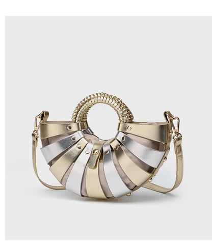 New Women's Fashionable Ring Design Crossbody Bag Hollowed Out Inner Bag Shell Bag Vegetable Basket Handbag Retro Woven Handbag