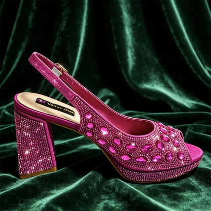 Venus Chan Elegant Gold Striped Peep Toe High Heels and Matching Bag Set – Rhinestone Decor for Parties and Weddings