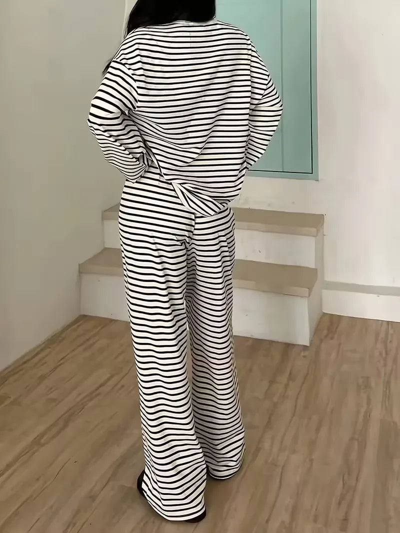 New Simple Striped Suit Simple  Loose Comfortable Lazy Style Long-sleeved Round Neck Pullover Top Lace-up Trousers Two-piece Set